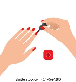 Female hands with nail polish. Coat your fingernails with red varnish. Vector illustration on white background.