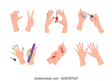 Female hands with neat modern bright manicure that hold bottle of nail polish, sharp file and thin brush isolated cartoon flat vector illustrations.