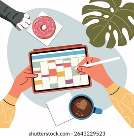 Female hands notes the cases for the week on the tablet Top view.Vector flat cartoon illustration
