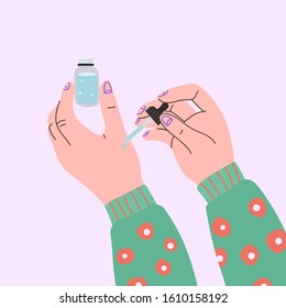 Female hands with oils for skin. Hand drawn colored trendy vector illustration. Eps 10.