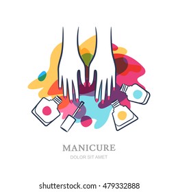 Female Hands On Color Nail Polish Splash Background. Vector Logo, Label, Emblem Design Elements. Concept For Beauty Salon, Manicure, Cosmetic, Womens Hand, Nail Polish Jar And Brush.