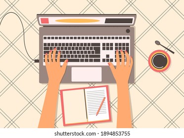 Female hands on the keyboard top view. A female freelancer works remotely. The girl makes notes in a notebook is trained on a laptop online. vector illustration in the style of flat. concept.