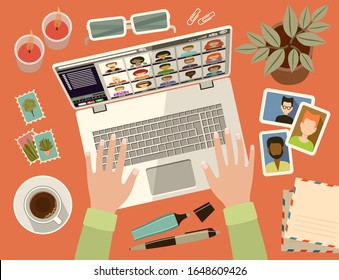 Female Hands On Laptop Keyboard. Social Networks. Virtual Communication. Vector Flat Illustration