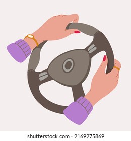 Female hands on steering wheel in flat style for print and design. Vector illustration.