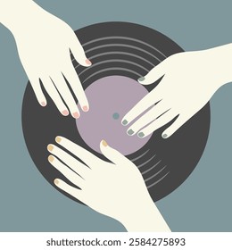 Female hands on vinyl record. Retro music concept with gramophone record. Vector illustration