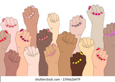 Female hands on a white background. A symbol of the feminist movement, struggle and resistance. Vector illustration concept of International women feminism. Female fingers with manicure isolated.