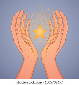 Female hands open around magic star. New World Order. Hand-drawn alchemy, religion, spirituality, occultism. Vector illustration in hipster style isolated.