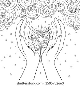 Female hands open around magic star. New World Order. Hand-drawn alchemy, religion, spirituality, occultism. Vector illustration in hipster style isolated.