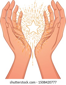 Female hands open around magic star. New World Order. Hand-drawn alchemy, religion, spirituality, occultism. Vector illustration in hipster style isolated.