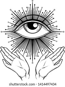 Female hands open around masonic symbol. New World Order. Hand-drawn alchemy, religion, spirituality, occultism. Black and white vector illustration in vintage style isolated on white. 