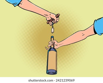 Female hands open a bottle cap. Unique drinks from all over the world in the restaurant. Interesting offers of alcoholic products. Comic cartoon pop art retro vector illustration hand drawing