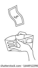 Female hands with open empty wallet getting money, line art illustration sketch style