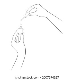 Female hands opening nail polish close up, line drawing on white isolated background