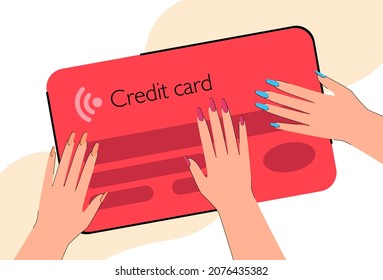 Female hands with painted nails touching giant credit card. People using card for payment flat vector illustration. Finances, shopping, commerce concept for banner, website design or landing web page