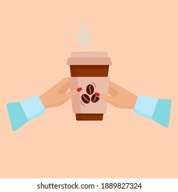 Female hands with paper coffee cup. Flat desing