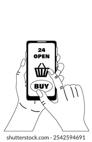 Female hands and pays for a purchase in an online store. A woman presses the buy button on the smartphone screen. Online shopping via internet, vector black and white illustration