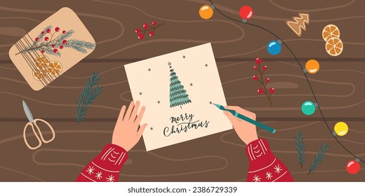 Female hands with pen write Christmas card on dark wooden table. New Year's Eve background with gift, garland, natural decorations. Preparing for holidays concept. Top view cozy vector illustration