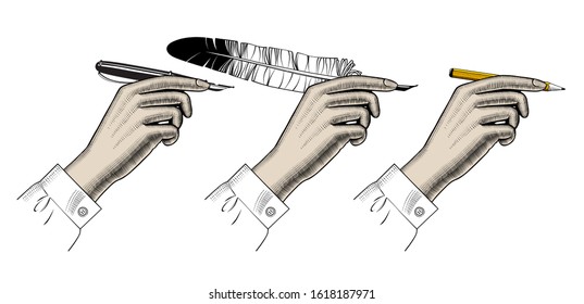 Female hand's with a pencil, a feather pen, a pen. Retro design element. Vintage engraving stylized drawing. Vector illustration