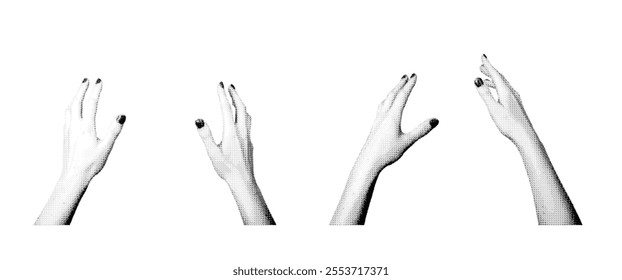 Female hands in perspective, reaching out with an open palm as if grabbing or catching something, POV, isolated white background. Halftone dotted retro style vector