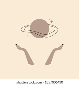 Female hands and planet  with stars in boho style. Modern hand drawn poster. Vector illustration