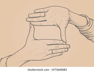 Female hands are planning a frame focus. Vector illustration in hand drawn style, vintage background. isolated EPS 10,. Copy space. Photo school concept.