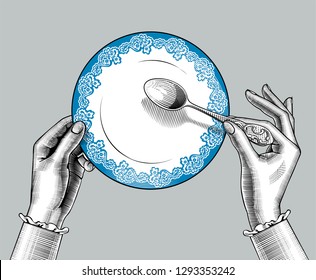 Female hands with plate and spoon. Vintage stylized drawing. Vector illustration