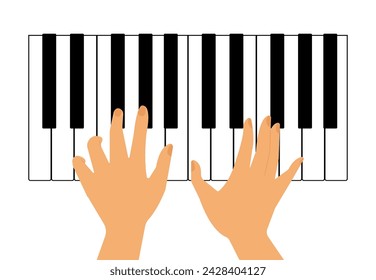 Female hands play piano. Top view. Piano keys and player hands. Musical instrument keyboard. Isolated.