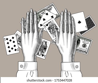 Female hands with playing cards and dollar banknotes. Vintage engraving stylized drawing. Vector illustration 