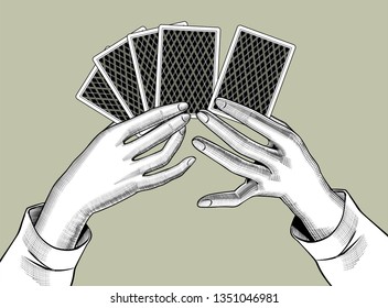 Female hands with playing cards fan. Vintage engraving stylized drawing. Vector illustration