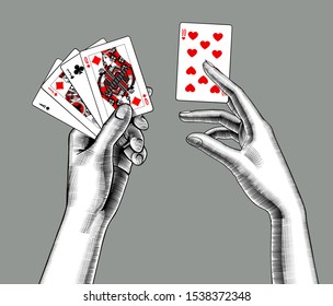 Female hands with playing cards. Vintage engraving stylized drawing. Vector illustration 