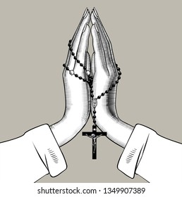 Female hands with prayer beads. Vintage engraving stylized drawing. Vector illustration