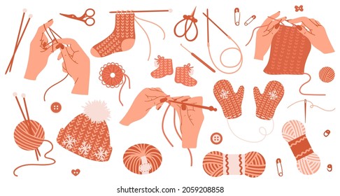 Female hands in the process of crocheting and knitting.A set of tools for hobby, needlework.And knitted clothes from yarn.Flat vector graphics.