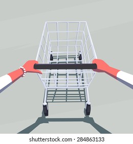 Female hands pushing empty shopping cart. Retro style illustration. Personal point of 
view. Layered file.