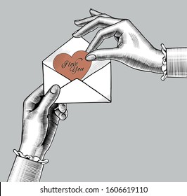 Female hands put a paper heart with I love You lettering in a mail envelope. Retro style valentine greeting card design. Vintage engraving stylized drawing. Vector illustration