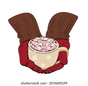 Female hands in red gloves with a mug of drink. Girl holding a cup of cocoa or coffee with marshmallows. Beige mug. Winter. Isolated on a white background. Flat style. Vector illustration