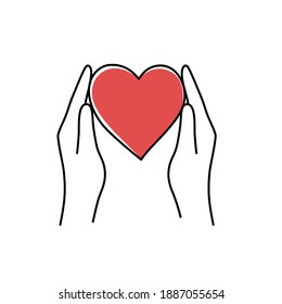 Female hands with red heart. Happy Valentines Day. Hand drawn vector holiday illustration.