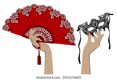 Female hands with a red open fan and a black decorative Venetian mask isolated on a white background. Flat design. Vector illustration