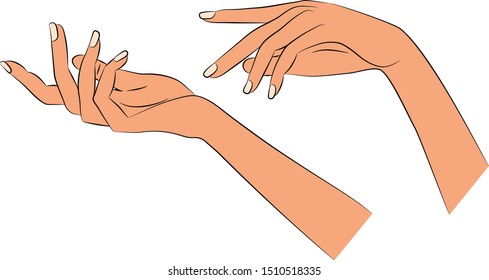 Female hands: right and left. Concept: tenderness, advertising means, give, tenderness, velvet, skin, nails, smoothly, flexibly, gracefully. Vector illustration, eps 10.