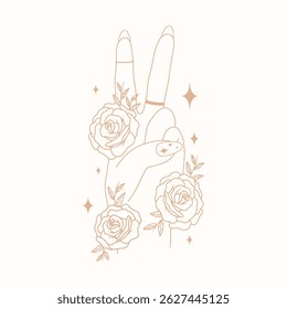  Female hands with roses and stars, holding peace sign, vector art