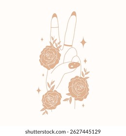  Female hands with roses and stars, holding peace sign, vector art
