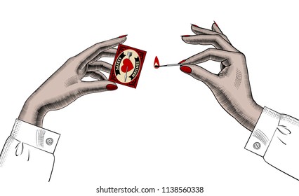 Female hands and safety matches  Vintage colored engraving stylized drawing  Vector illustration