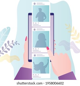 Female hands scrolls tape on social networks. Different posts in social media on smartphone screen. Woman surfing Internet. Girl scrolling the news in app. Trendy flat vector illustration