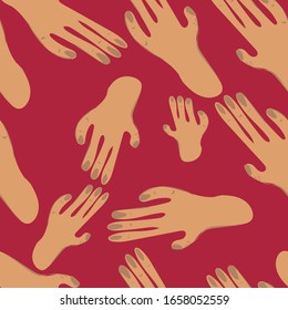 female hands seamless pattern isolated on red background. Designer wallpaper, textile, fabric, packaging, wrapping paper. Vector illustration.
