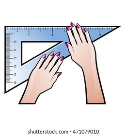 female hands with set square in color-vector drawing