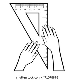 female hands with set square in outline-vector drawing