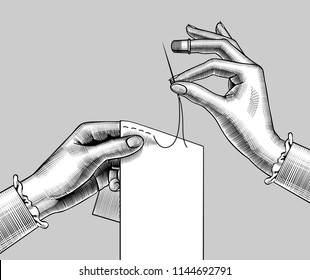 Female hands sewing with the needle a piece of cloth. Vintage engraving stylized drawing. Vector illustration