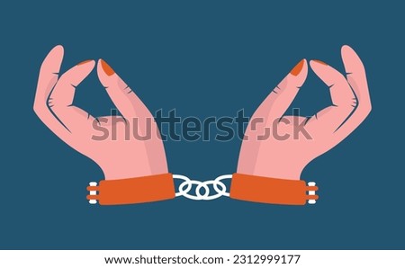Female hands in shackles. Vector flat illustration. Clip art with woman's hands, handcuff. Vintage concept. 