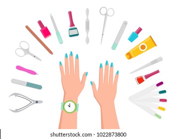 Female hands, sharp manicure tools and bottles of bright nail polishes in semicircle isolated cartoon flat vector illustration on white background.