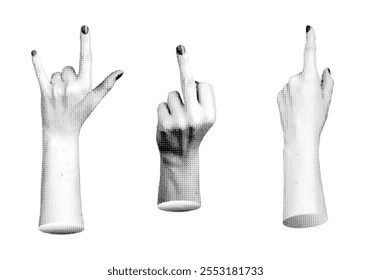 female hands showing a different gesture isolated white background.. Halftone dotted retro style vector