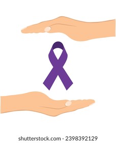 Female hands showing purple awareness ribbon. Awareness month and World cancer day concept.For a poster or banner.Vector illustration